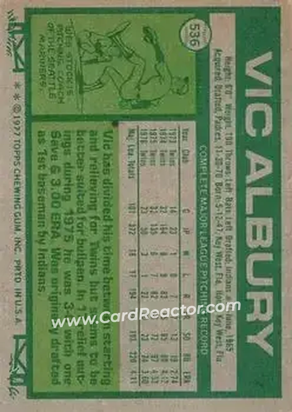 1977 Topps #536 - Vic Albury - Minnesota Twins