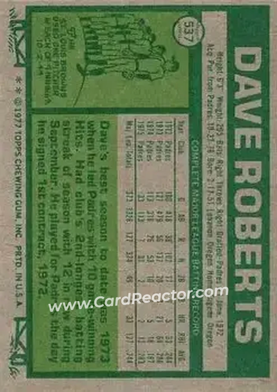 1977 Topps #537 - Dave Roberts - Toronto Blue Jays