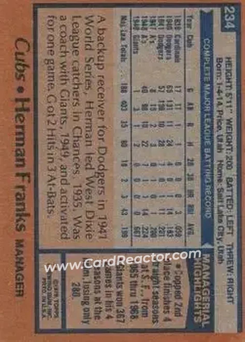 1978 Topps #234 - Herman Franks - Chicago Cubs
