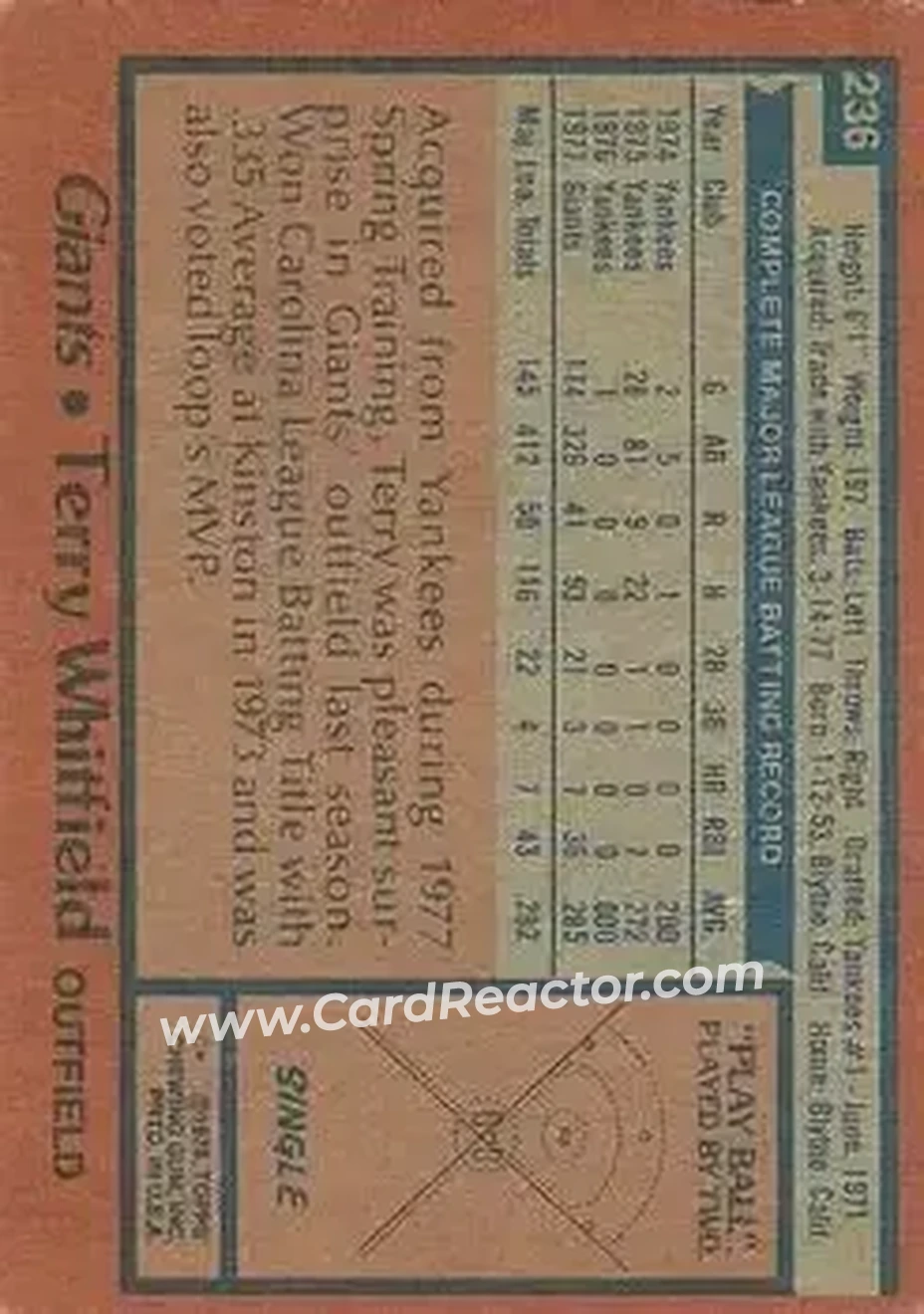 1978 Topps #236 - Terry Whitfield - San Francisco Giants
