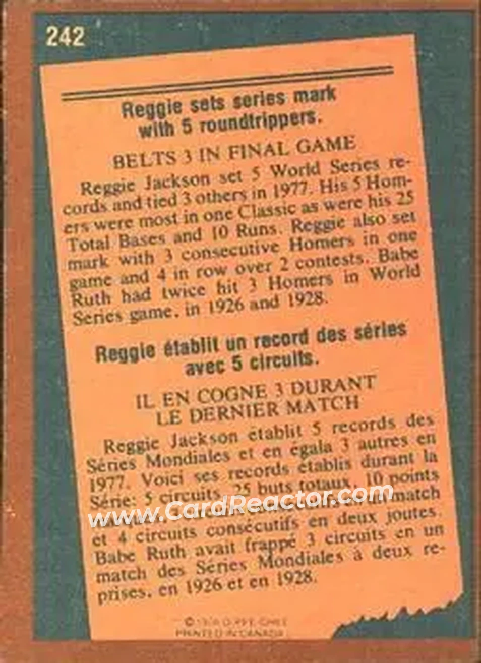 Back of Reggie Jackson (b.1946 OF)