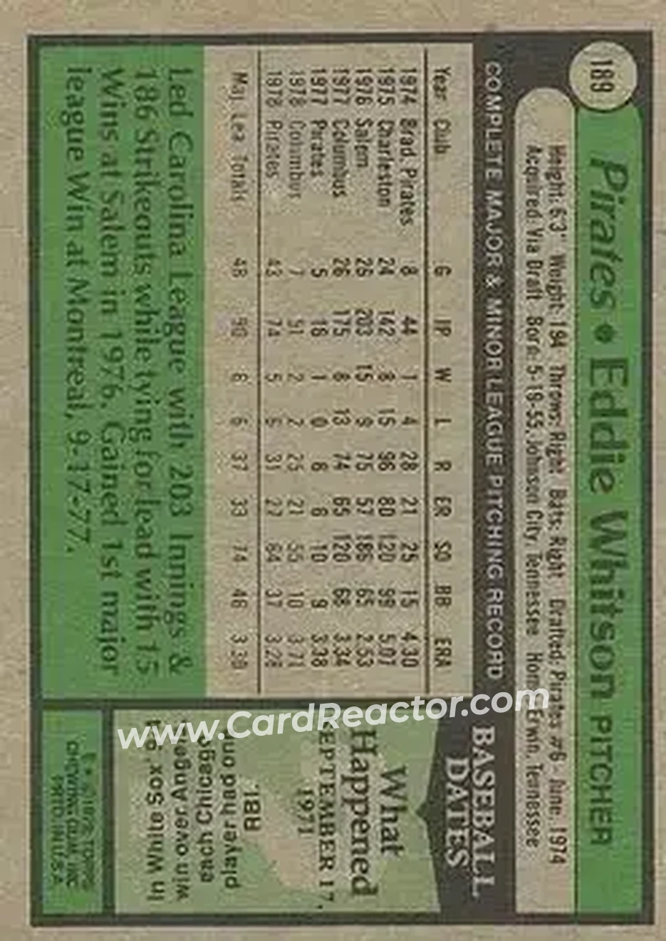 1979 Topps #189 - Eddie Whitson - Pittsburgh Pirates