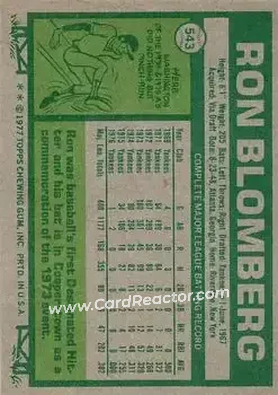 1977 Topps #543 - Ron Blomberg - New York Yankees