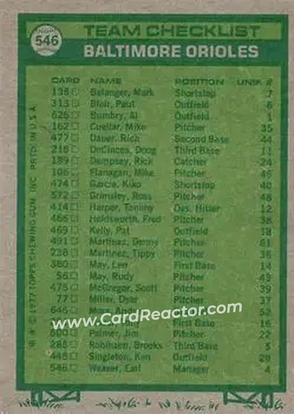 1977 Topps #546 - Card #546 - Baltimore Orioles