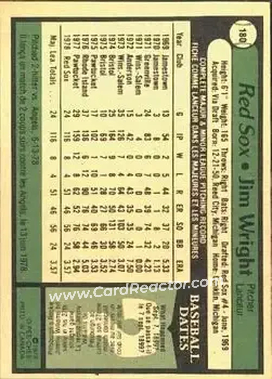1979 O-Pee-Chee #180 - Jim Wright - Boston Red Sox