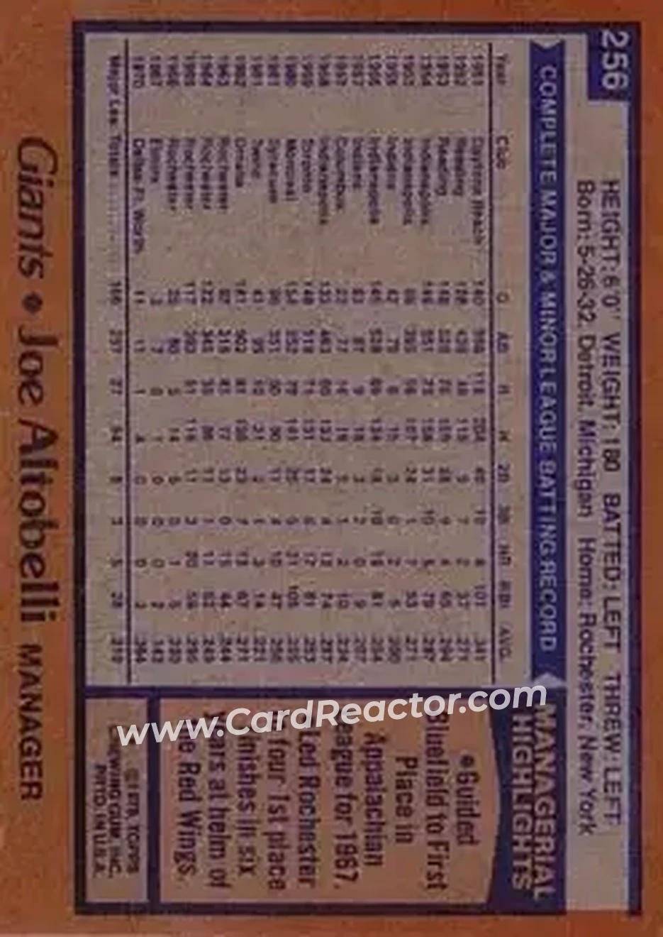 1978 Topps #256 - Joe Altobelli - San Francisco Giants