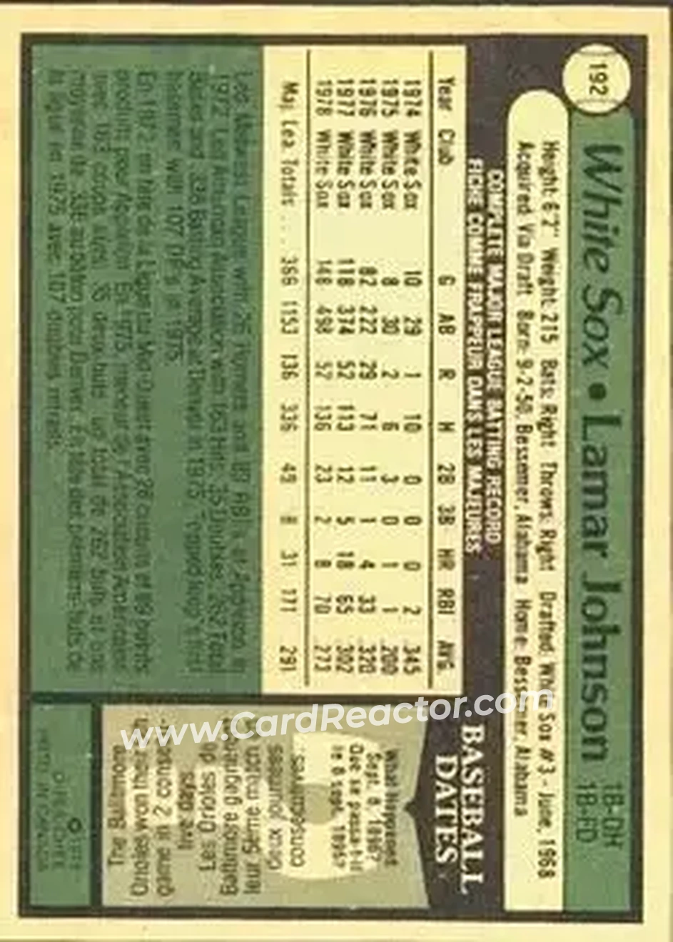 1979 O-Pee-Chee #192 - Lamar Johnson - Chicago White Sox