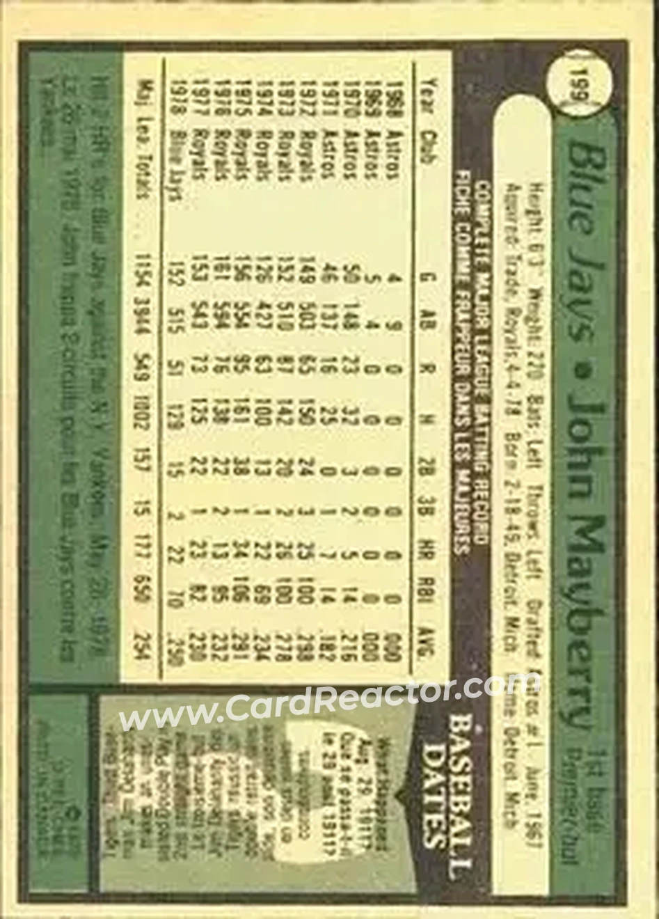 1979 O-Pee-Chee #199 - John Mayberry - Toronto Blue Jays