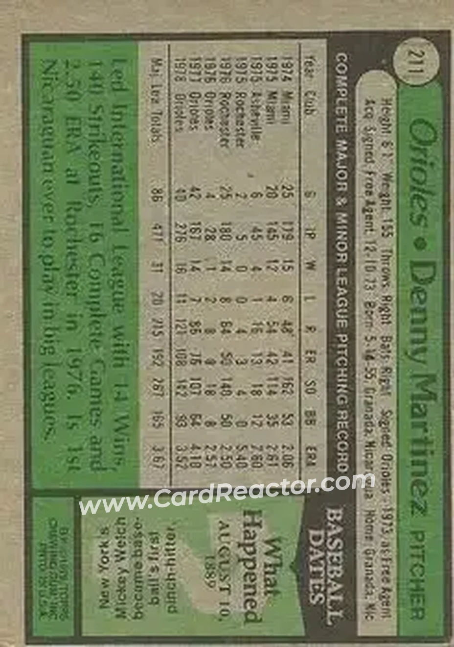 1979 Topps #211 - Denny Martinez - Baltimore Orioles 1979 Topps #211 - Denny Martinez - Baltimore Orioles
