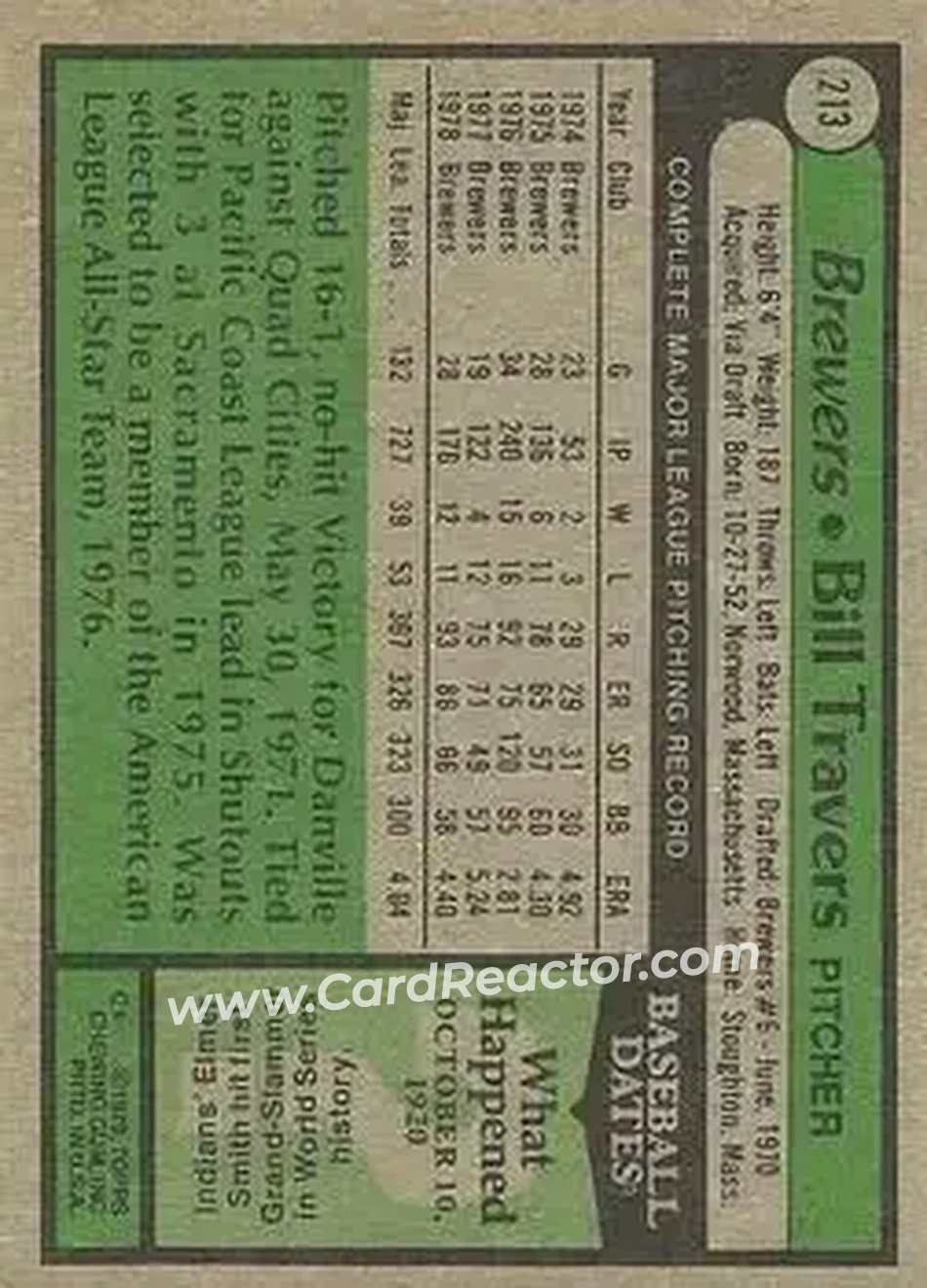 1979 Topps #213 - Bill Travers - Milwaukee Brewers 1979 Topps #213 - Bill Travers - Milwaukee Brewers