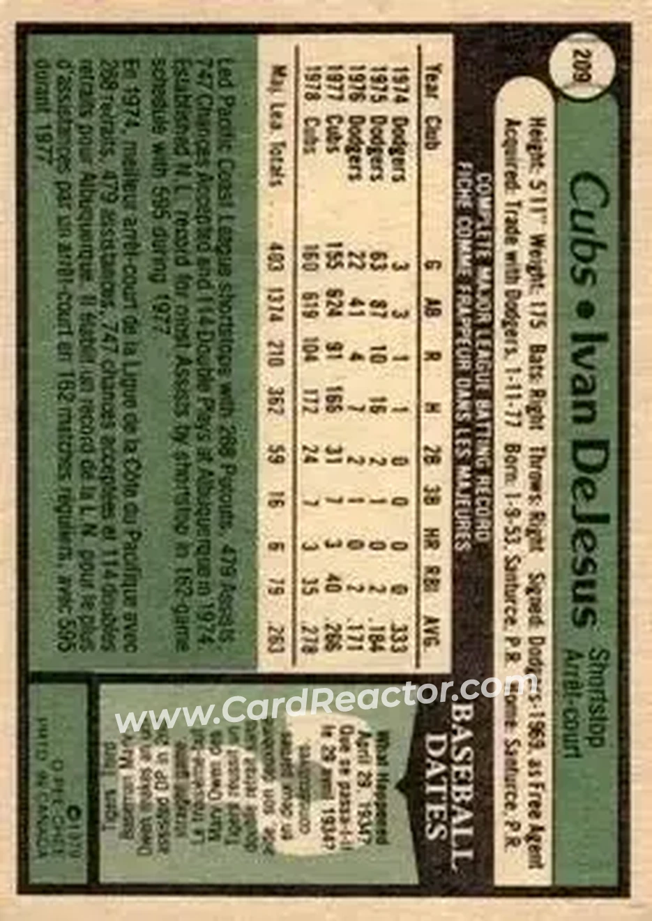 1979 O-Pee-Chee #209 - Ivan DeJesus - Chicago Cubs 1979 O-Pee-Chee #209 - Ivan DeJesus - Chicago Cubs