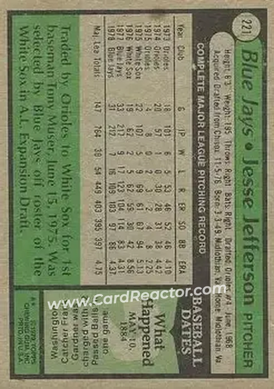 1979 Topps #221 - Jesse Jefferson - Toronto Blue Jays