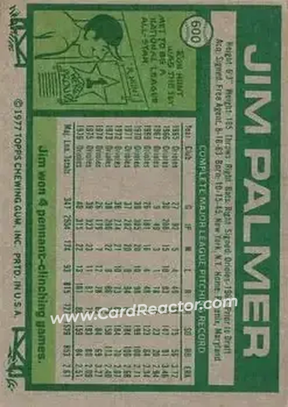 1977 Topps #600 - Jim Palmer - Baltimore Orioles