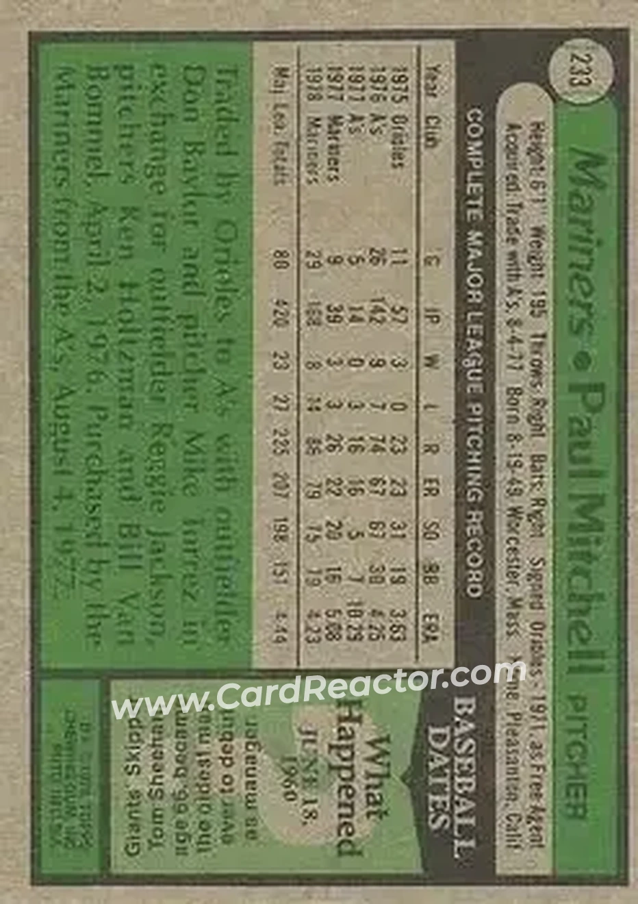 1979 Topps #233 - Paul Mitchell - Seattle Mariners