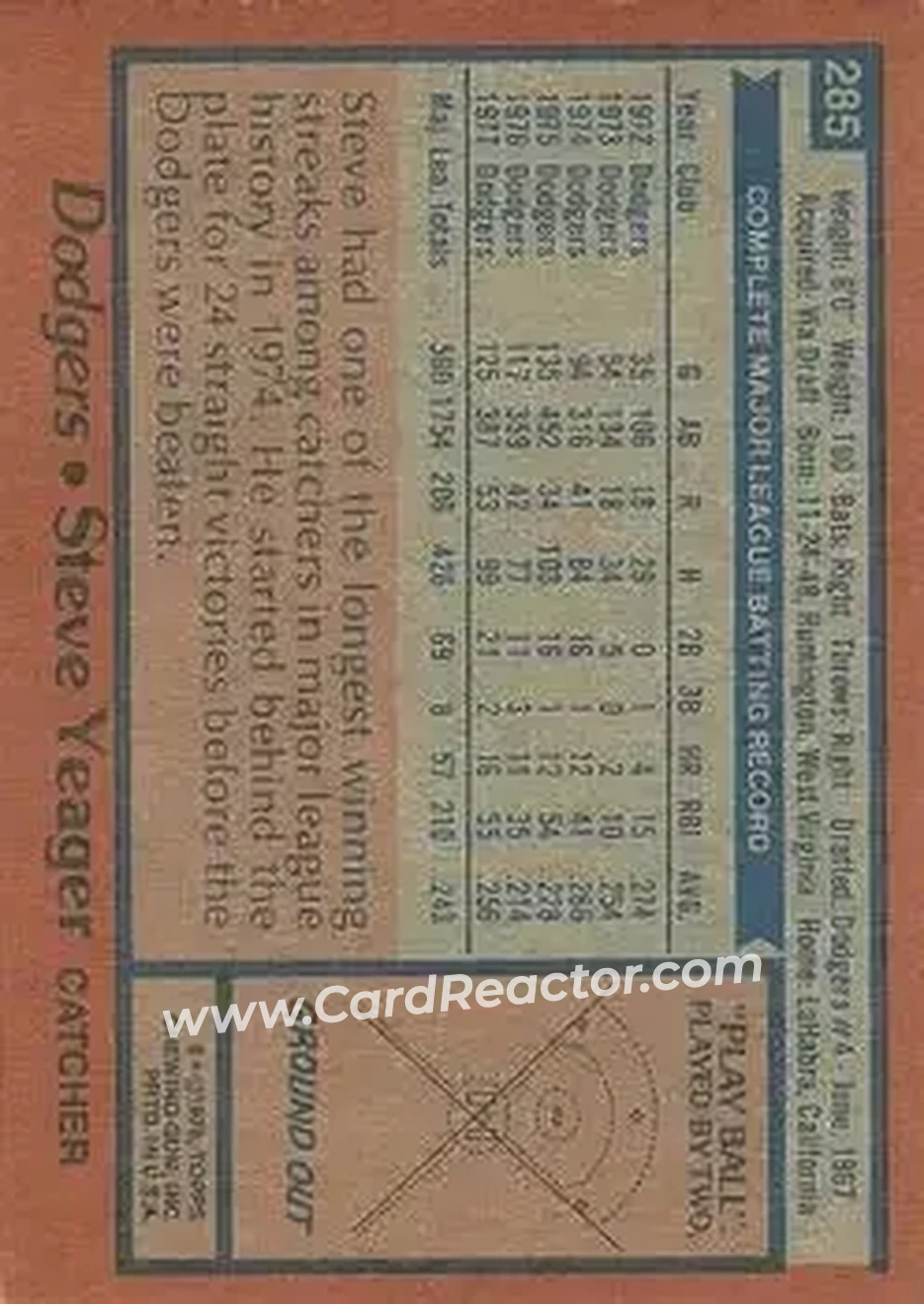 1978 Topps #285 - Steve Yeager - Los Angeles Dodgers