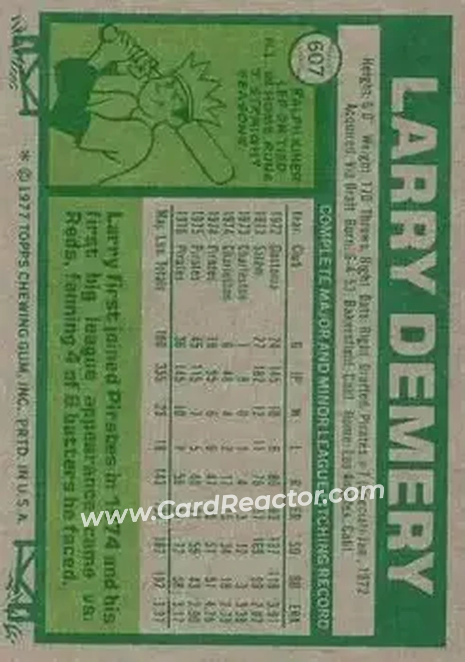 1977 Topps #607 - Larry Demery - Pittsburgh Pirates
