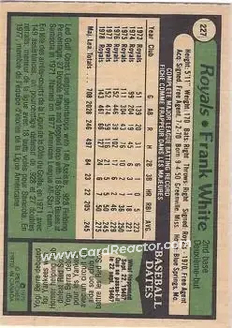 1979 O-Pee-Chee #227 - Frank White - Kansas City Royals