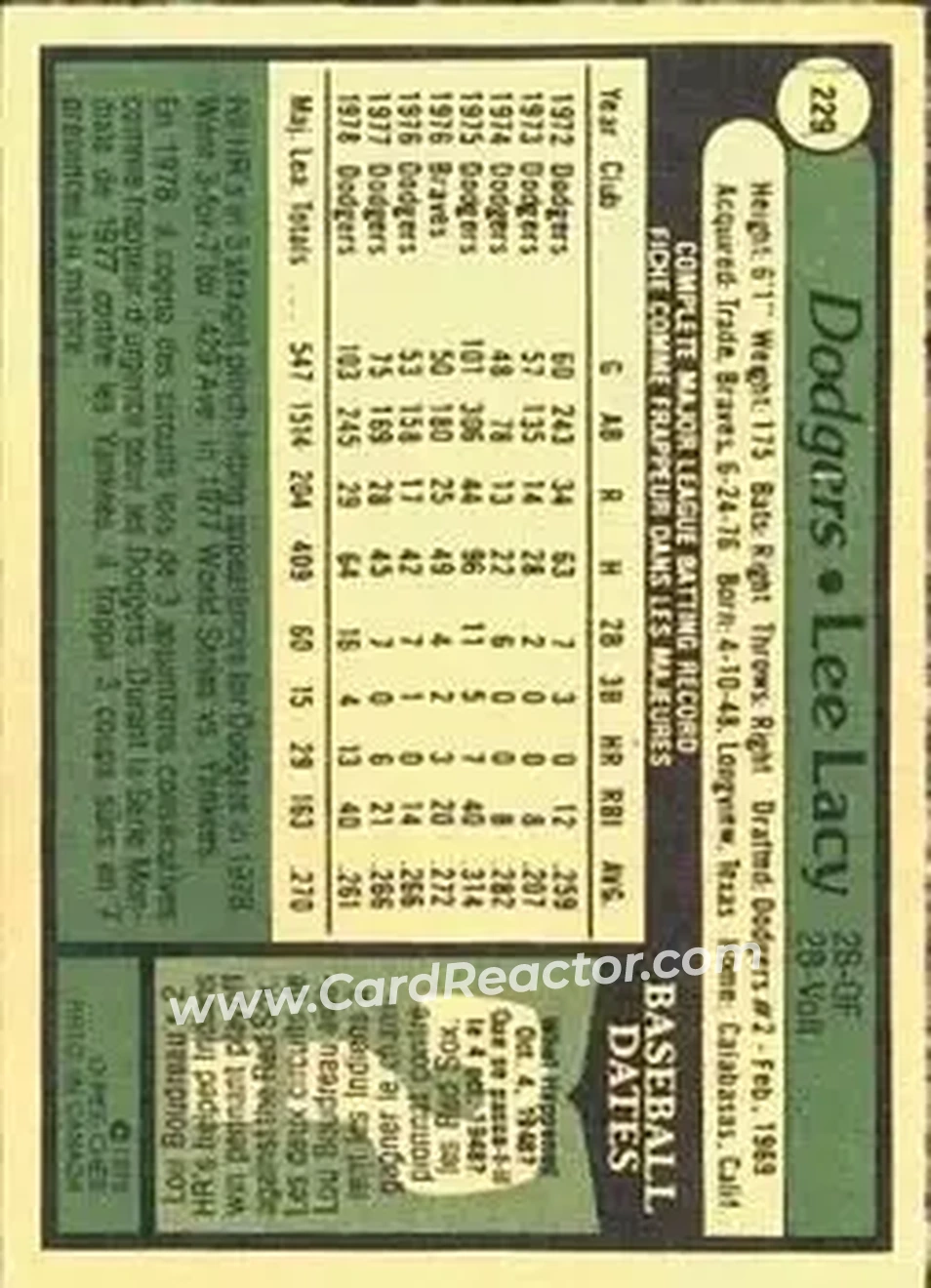 1979 O-Pee-Chee #229 - Lee Lacy - Los Angeles Dodgers
