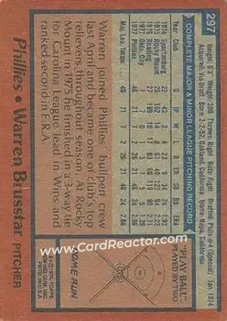 1978 Topps #297 - Warren Brusstar - Philadelphia Phillies