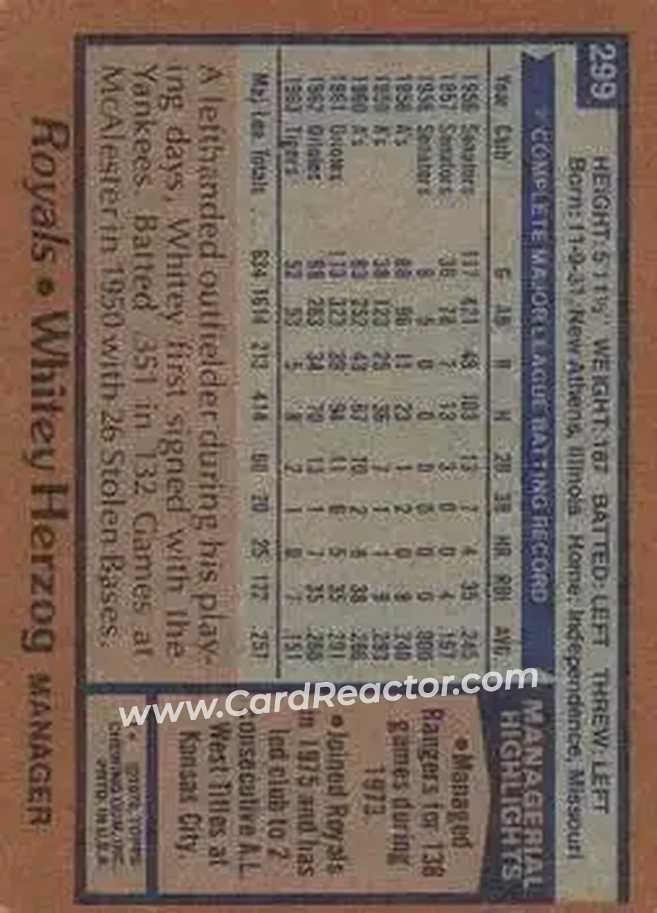 1978 Topps #299 - Whitey Herzog - Kansas City Royals