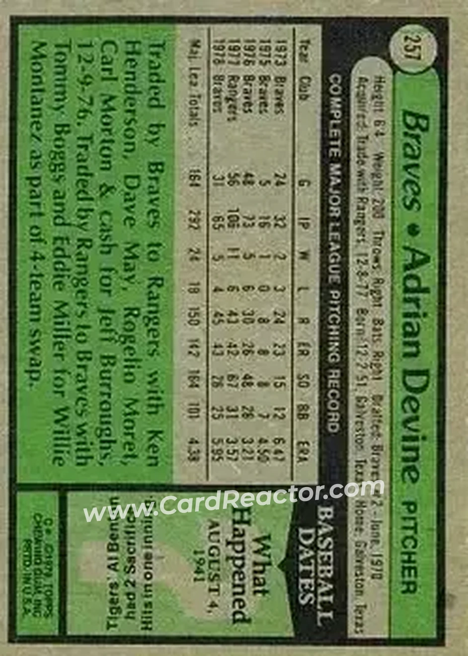 1979 Topps #257 - Adrian Devine - Atlanta Braves