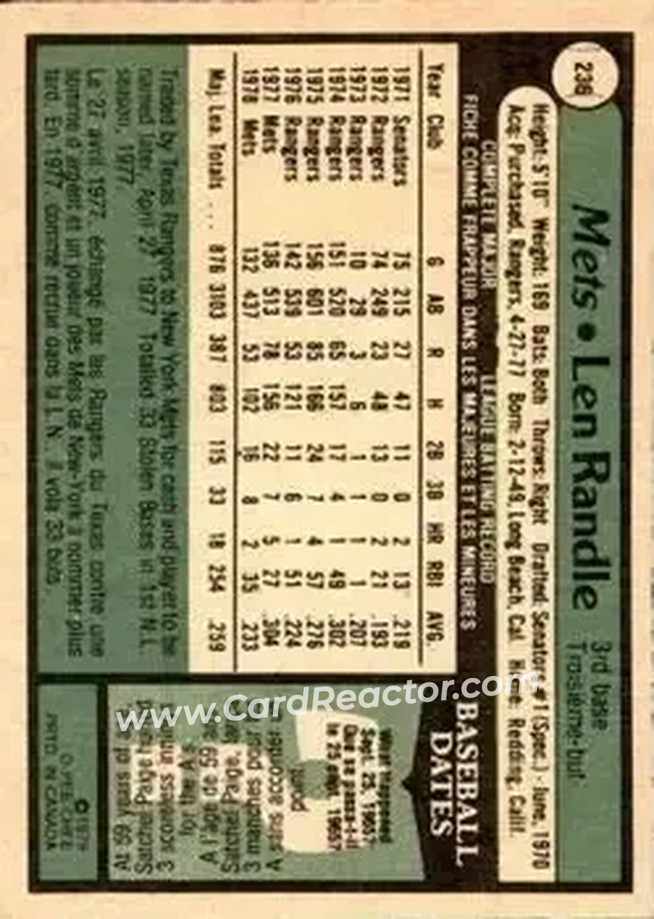 1979 O-Pee-Chee #236 - Len Randle - New York Mets