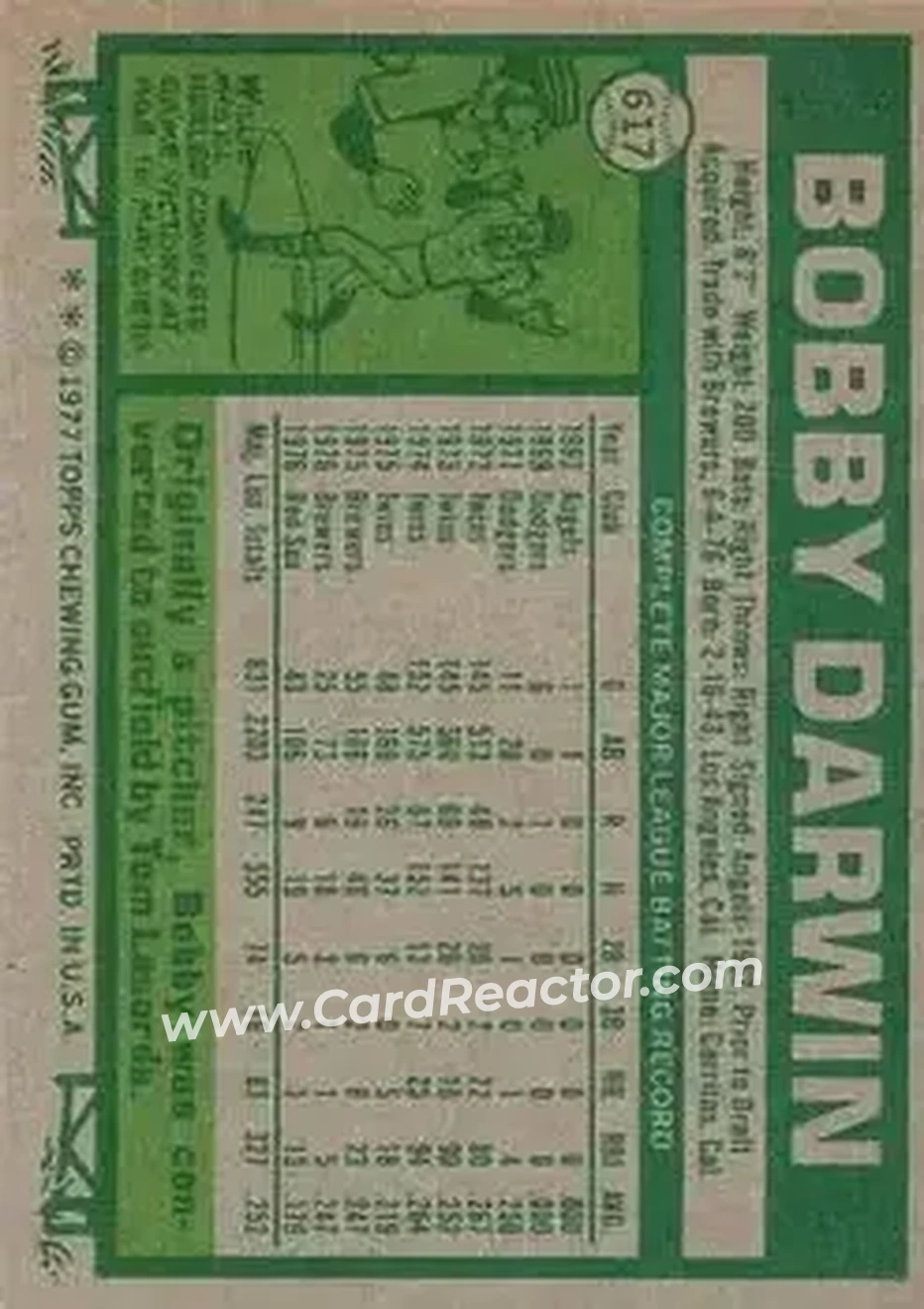 1977 Topps #617 - Bobby Darwin - Boston Red Sox