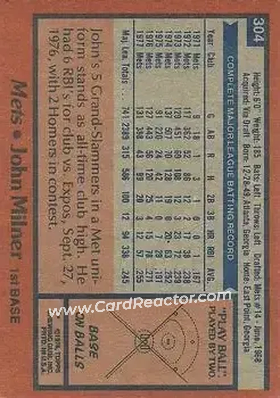 1978 Topps #304 - John Milner - New York Mets