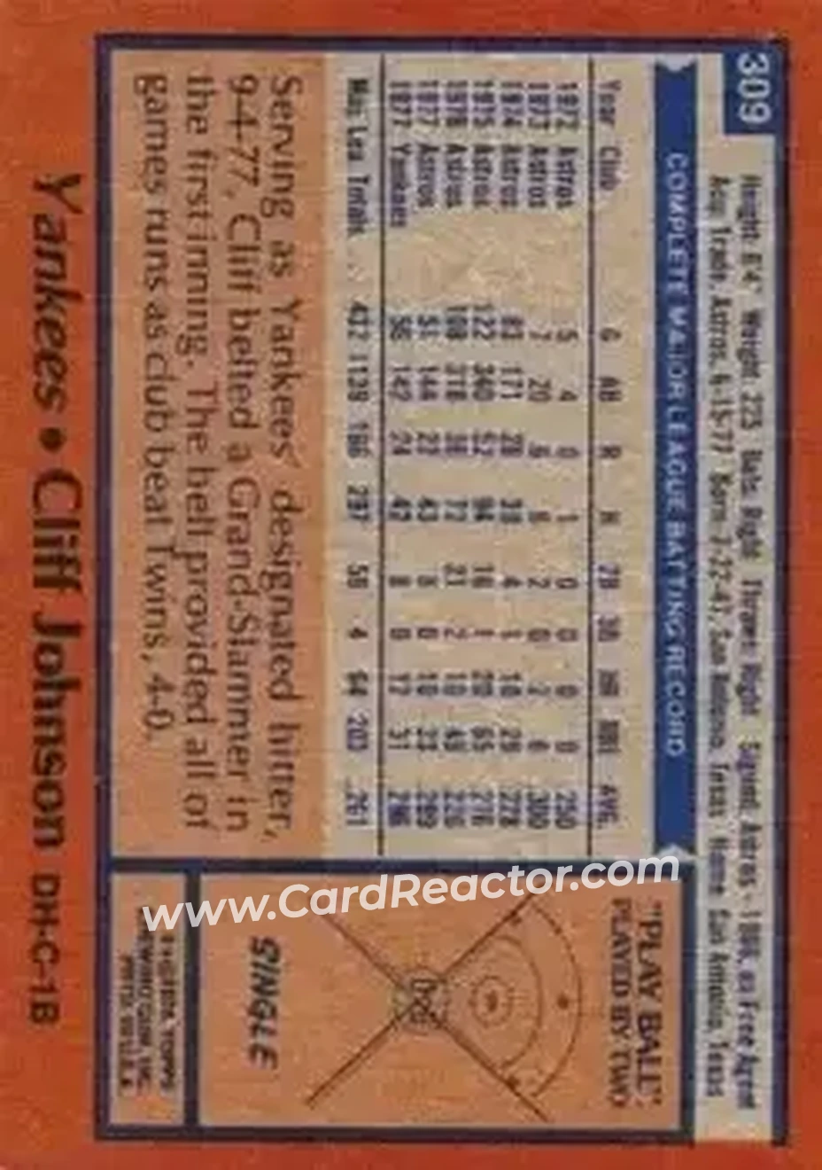 1978 Topps #309 - Cliff Johnson - New York Yankees