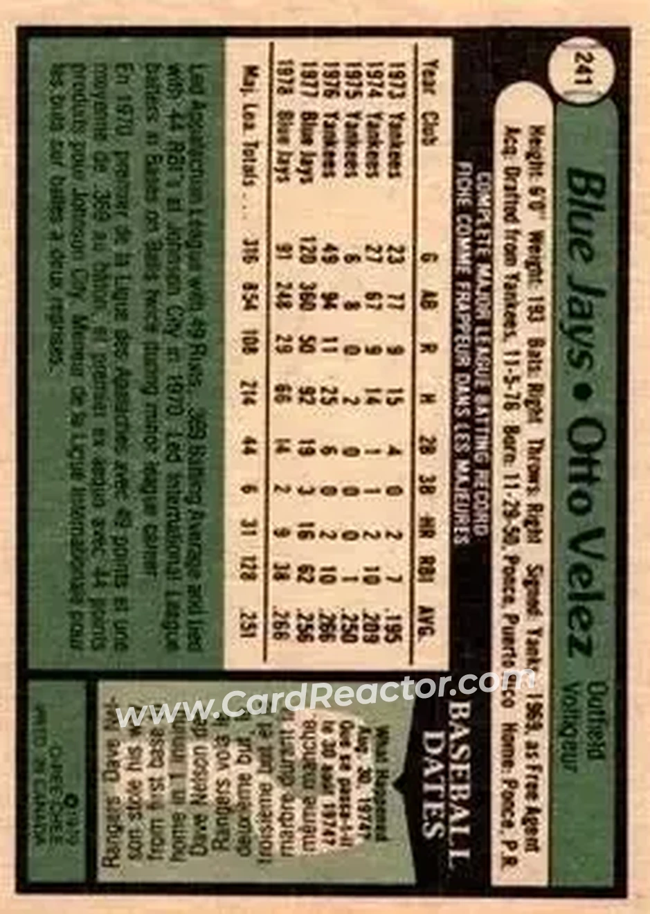 1979 O-Pee-Chee #241 - Otto Velez - Toronto Blue Jays