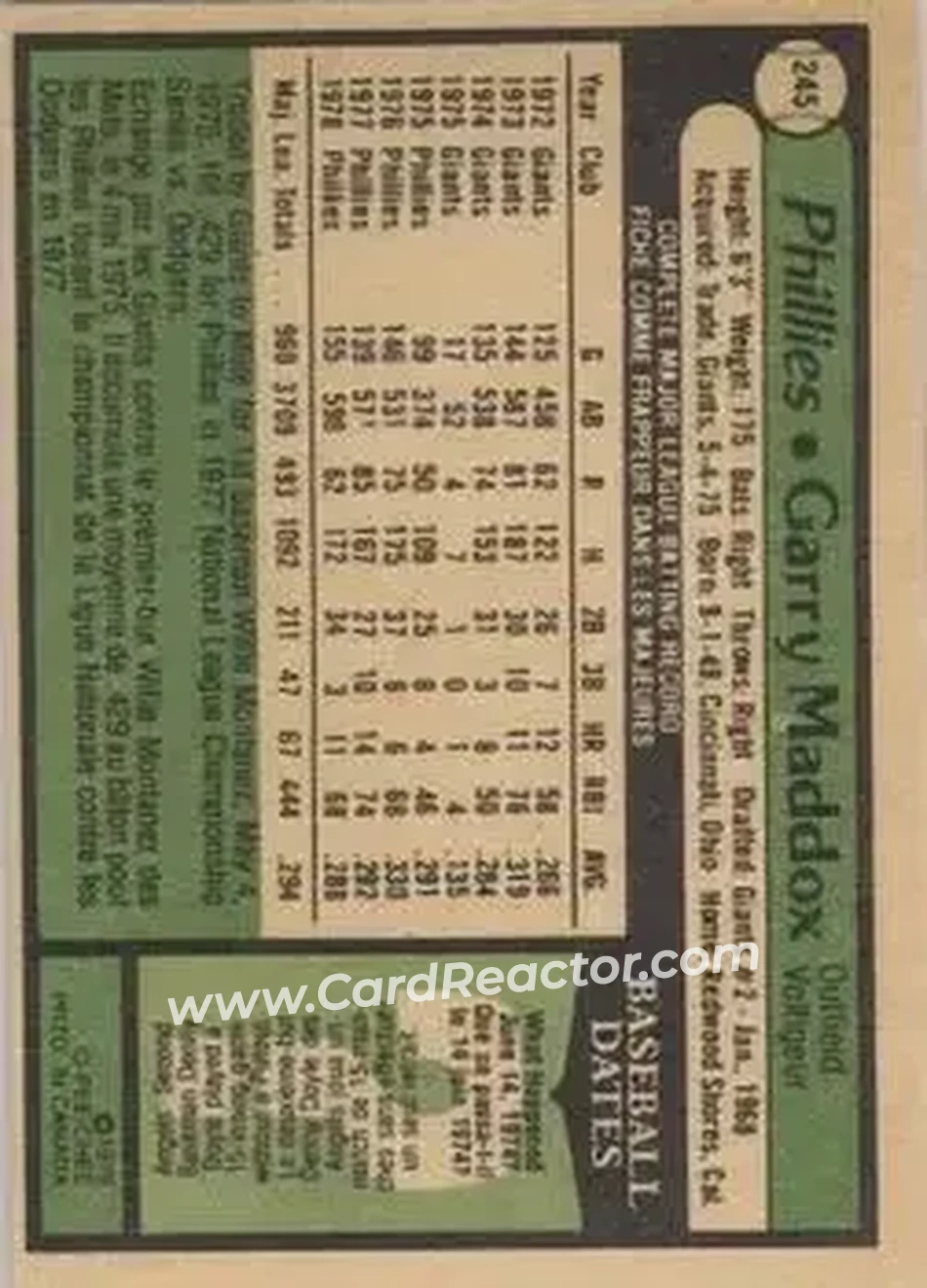 1979 O-Pee-Chee #245 - Garry Maddox - Philadelphia Phillies