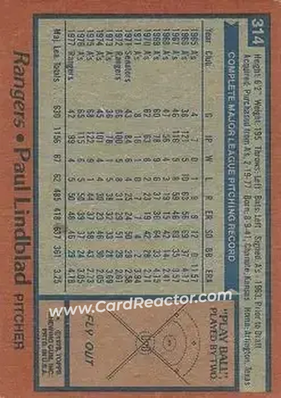 1978 Topps #314 - Paul Lindblad - Texas Rangers