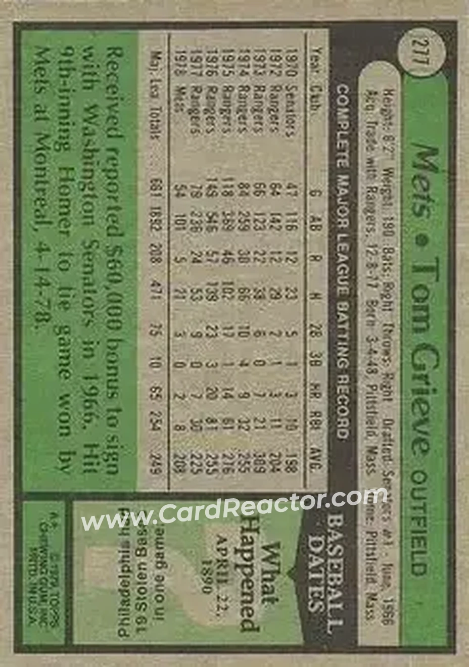 1979 Topps #277 - Tom Grieve - New York Mets