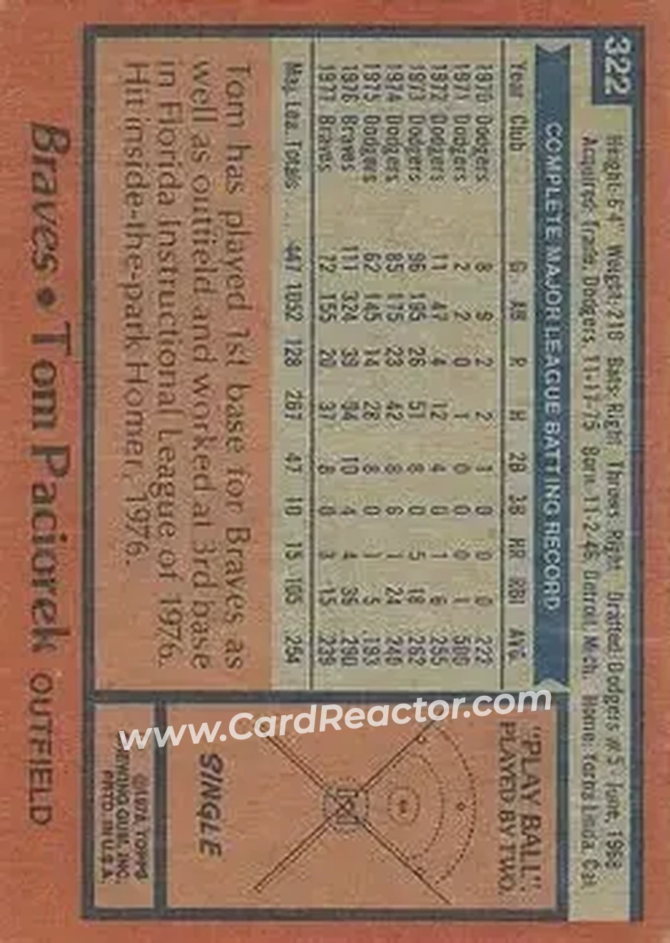 1978 Topps #322 - Tom Paciorek - Atlanta Braves