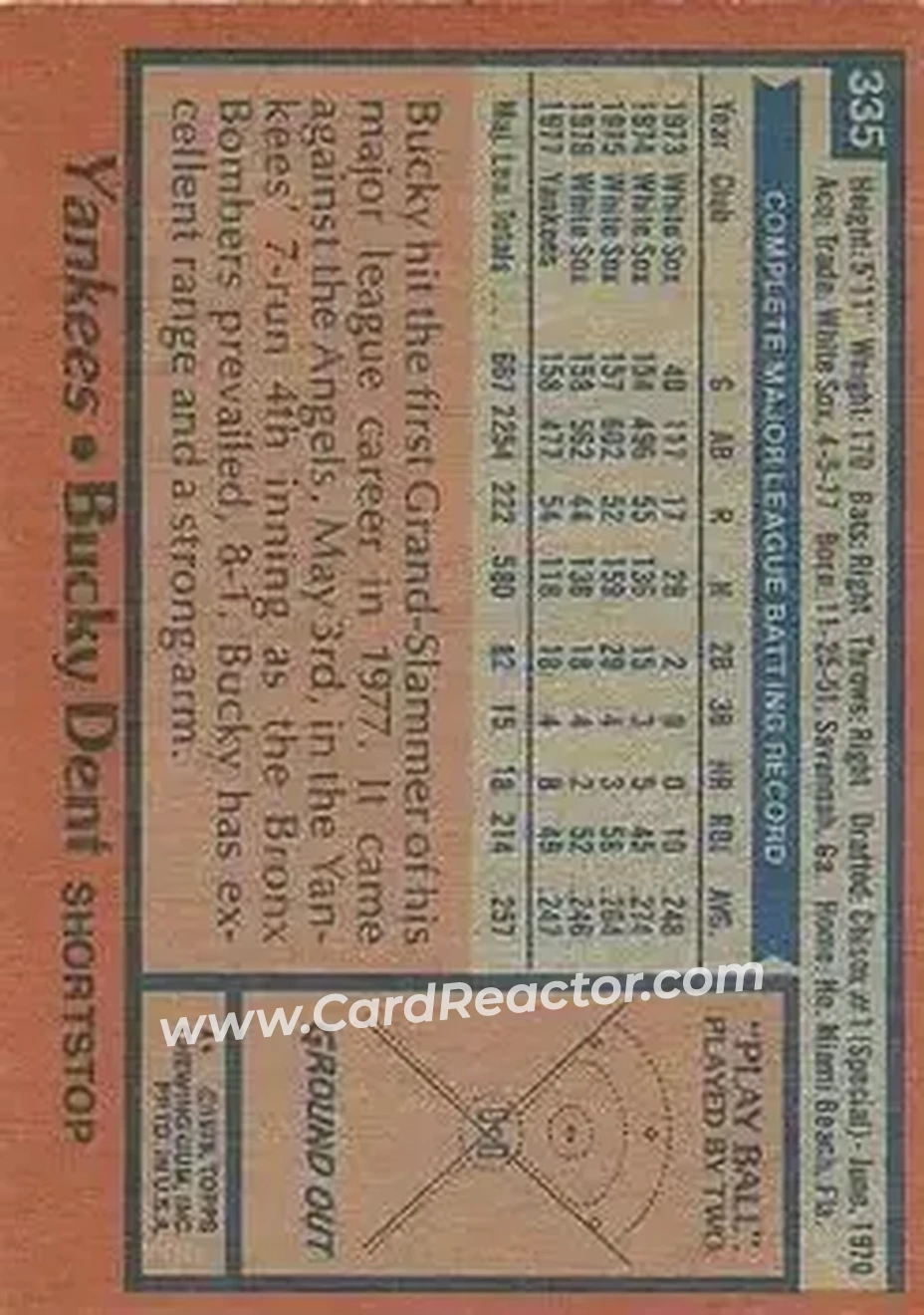 1978 Topps #335 - Bucky Dent - New York Yankees
