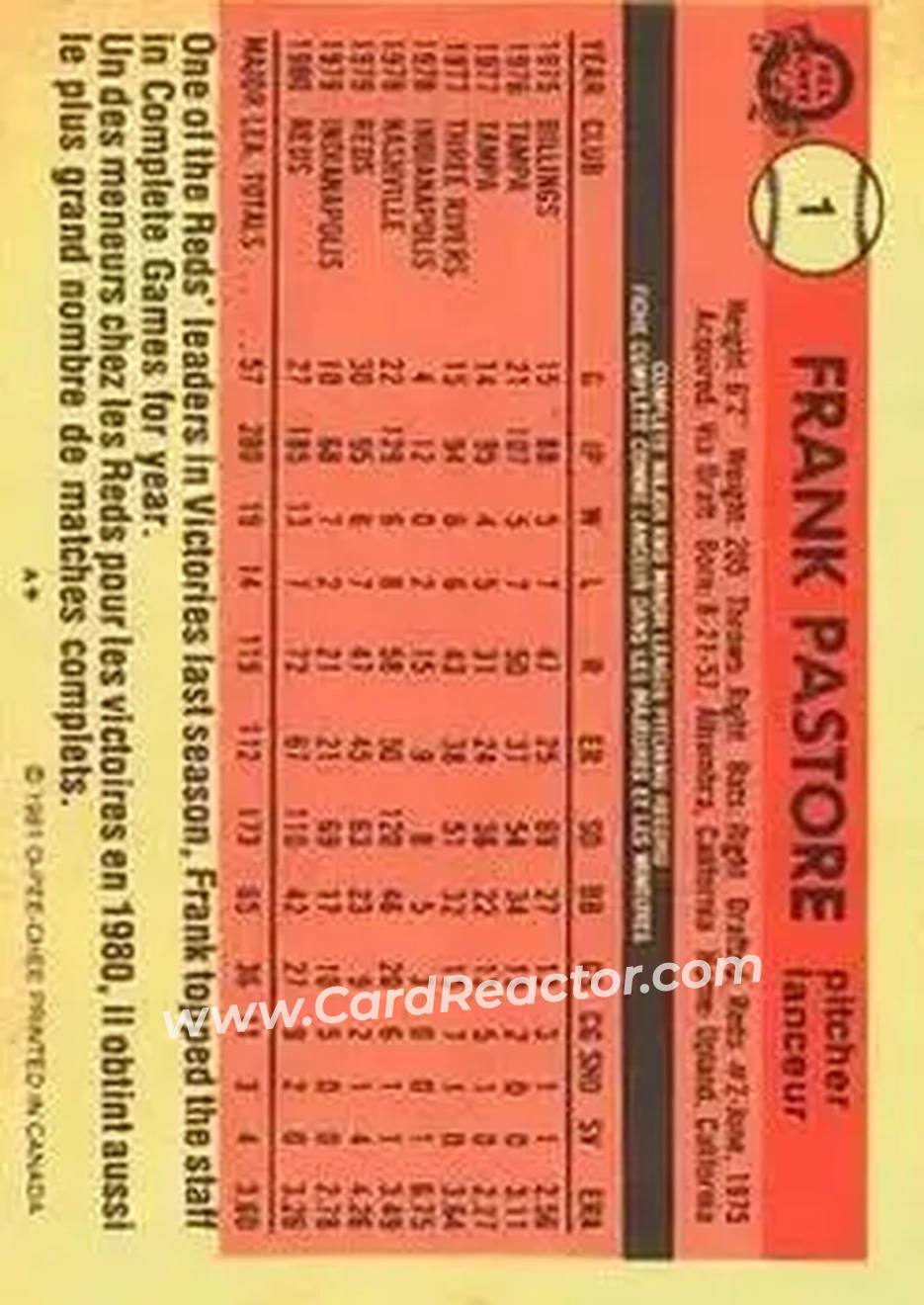 1981 O-Pee-Chee #1 - Frank Pastore - Cincinnati Reds 1981 O-Pee-Chee #1 - Frank Pastore - Cincinnati Reds