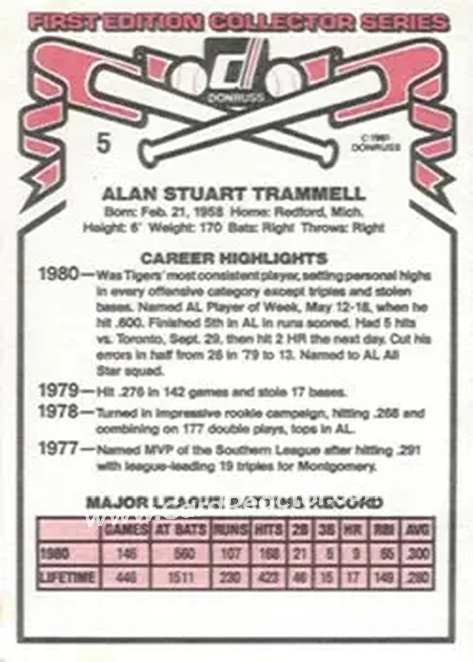 1981 Donruss #5 - Alan Trammell - Detroit Tigers 1981 Donruss #5 - Alan Trammell - Detroit Tigers
