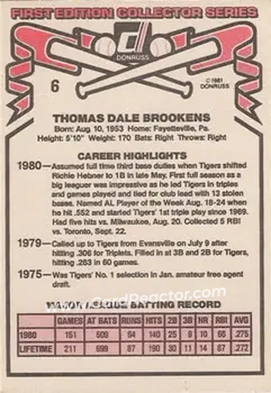 1981 Donruss #6 - Tom Brookens - Detroit Tigers 1981 Donruss #6 - Tom Brookens - Detroit Tigers