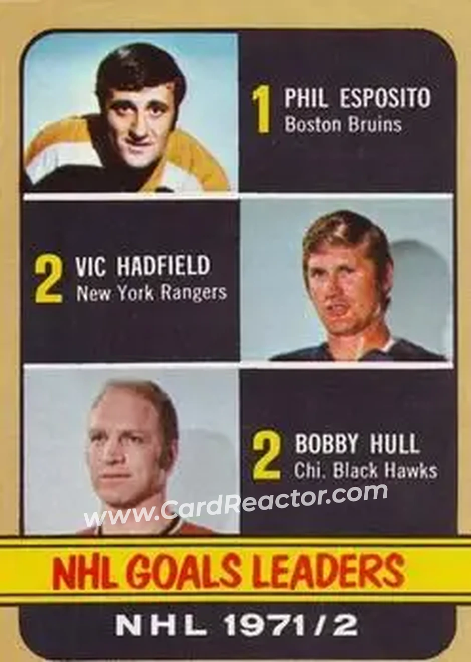 1972-73 Topps #61 - NHL Goals Leaders (Phil Esposito - Vic Hadfield - Bobby Hull) LL - Boston Bruins - New York Rangers - Chicago Blackhawks - Front