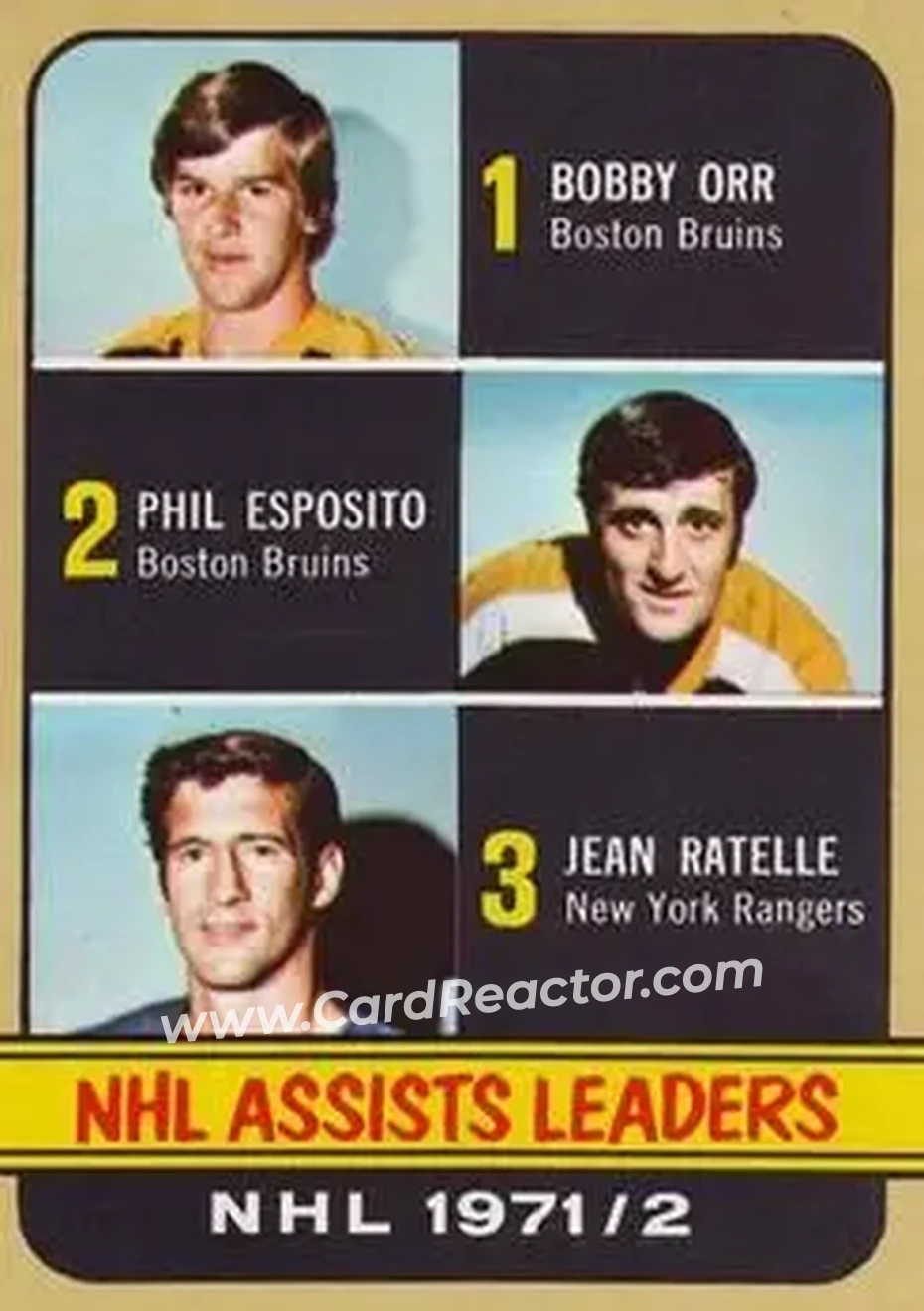 1972-73 Topps #62 - NHL Assists Leaders (Bobby Orr - Phil Esposito - Jean Ratelle) LL - Boston Bruins - New York Rangers - Front