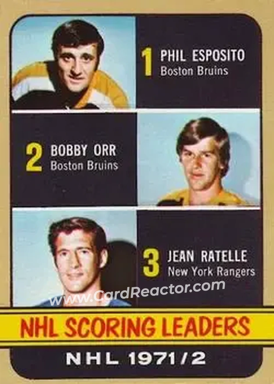1972-73 Topps #63 - NHL Scoring Leaders (Phil Esposito - Bobby Orr - Jean Ratelle) LL - Boston Bruins - New York Rangers - Front 1972-73 Topps #63 - NHL Scoring Leaders (Phil Esposito - Bobby Orr - Jean Ratelle) LL - Boston Bruins - New York Rangers - Front