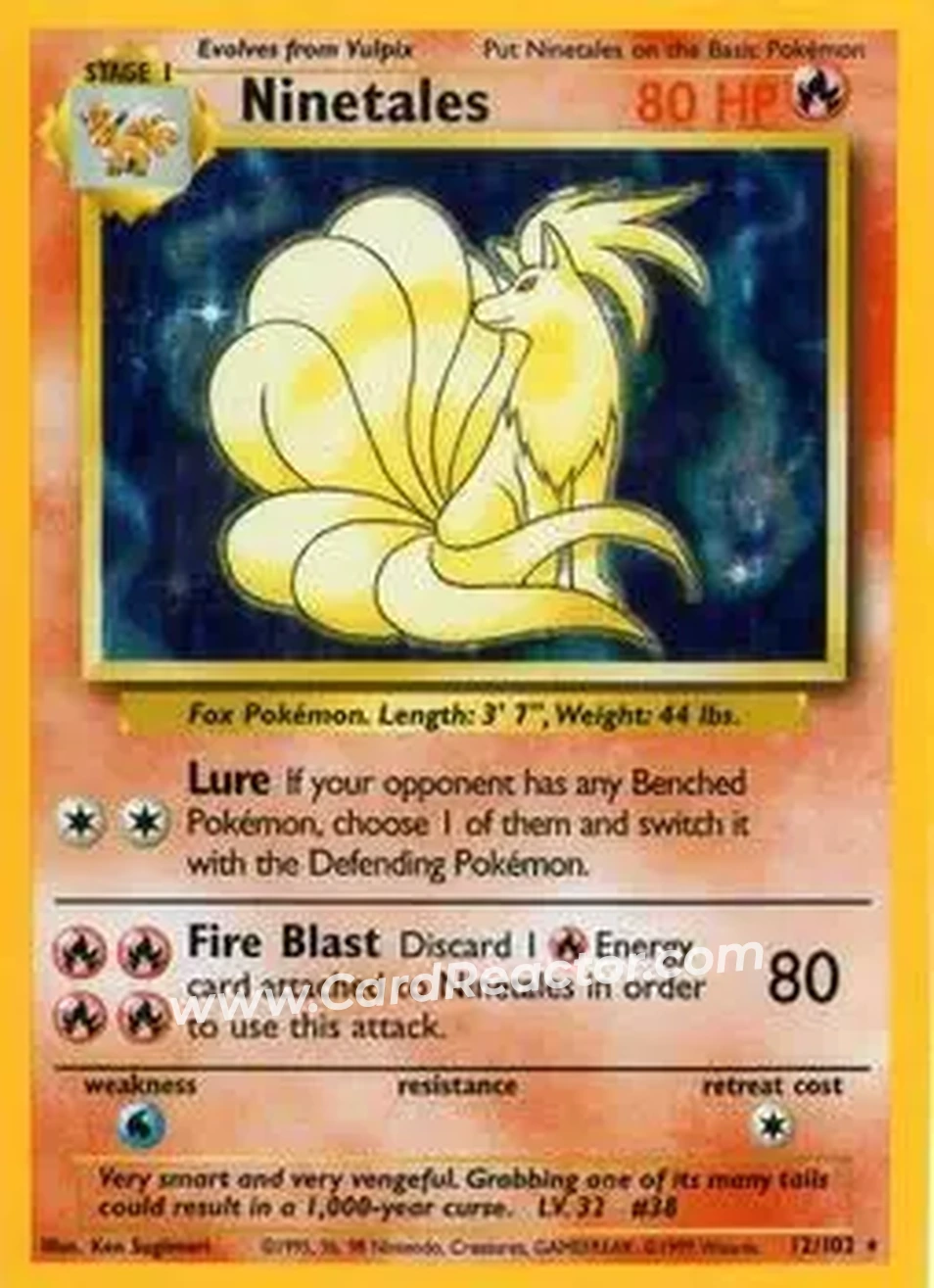 1999 Pokemon Base Set #12/102 - Ninetales 1999 Pokemon Base Set #12/102 - Ninetales