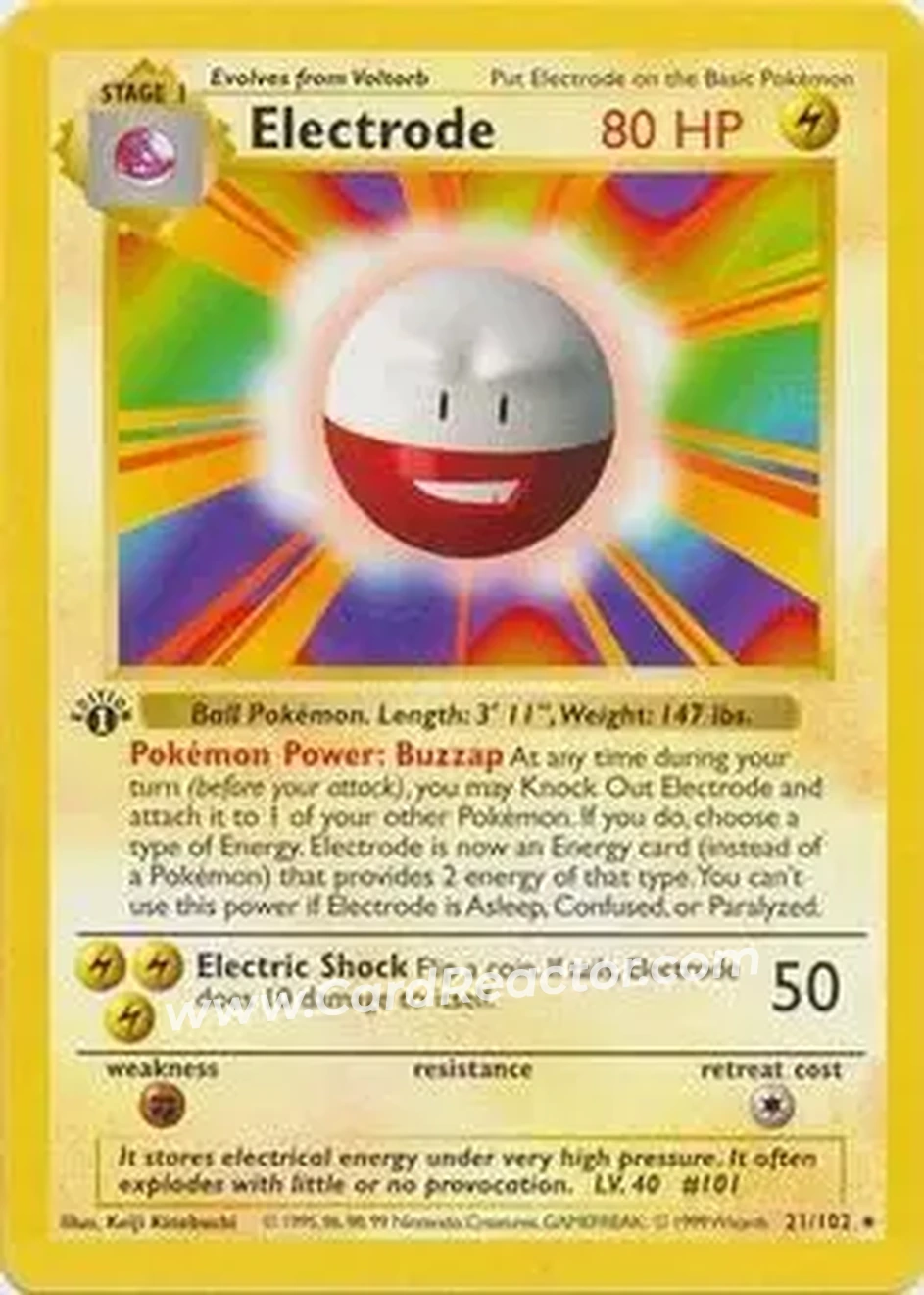 1999 Pokemon Base Set 1st Edition #21/102 - Electrode 1999 Pokemon Base Set 1st Edition #21/102 - Electrode