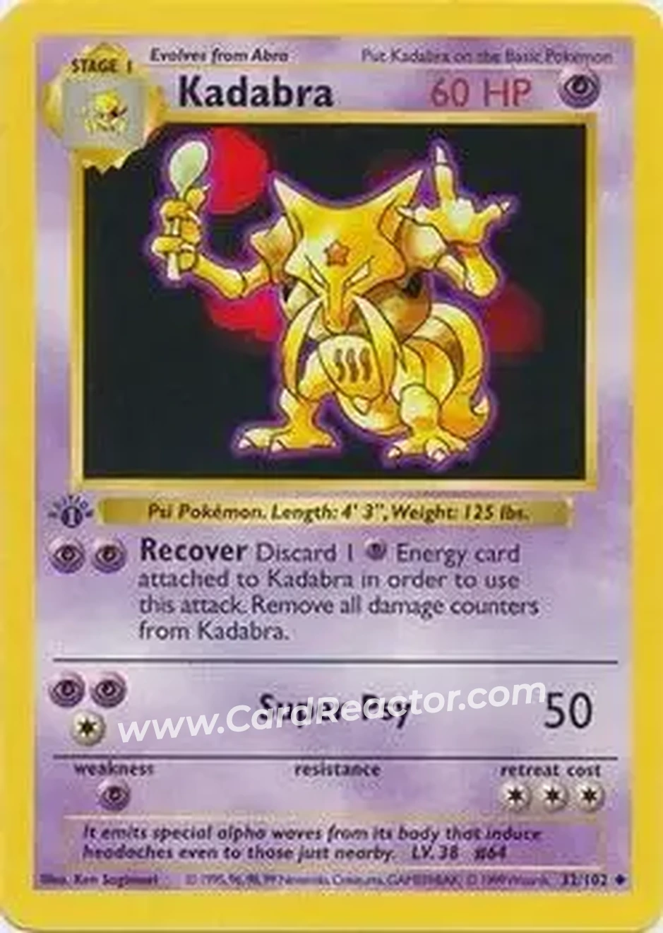 1999 Pokemon Base Set 1st Edition #32/102 - Kadabra 1999 Pokemon Base Set 1st Edition #32/102 - Kadabra
