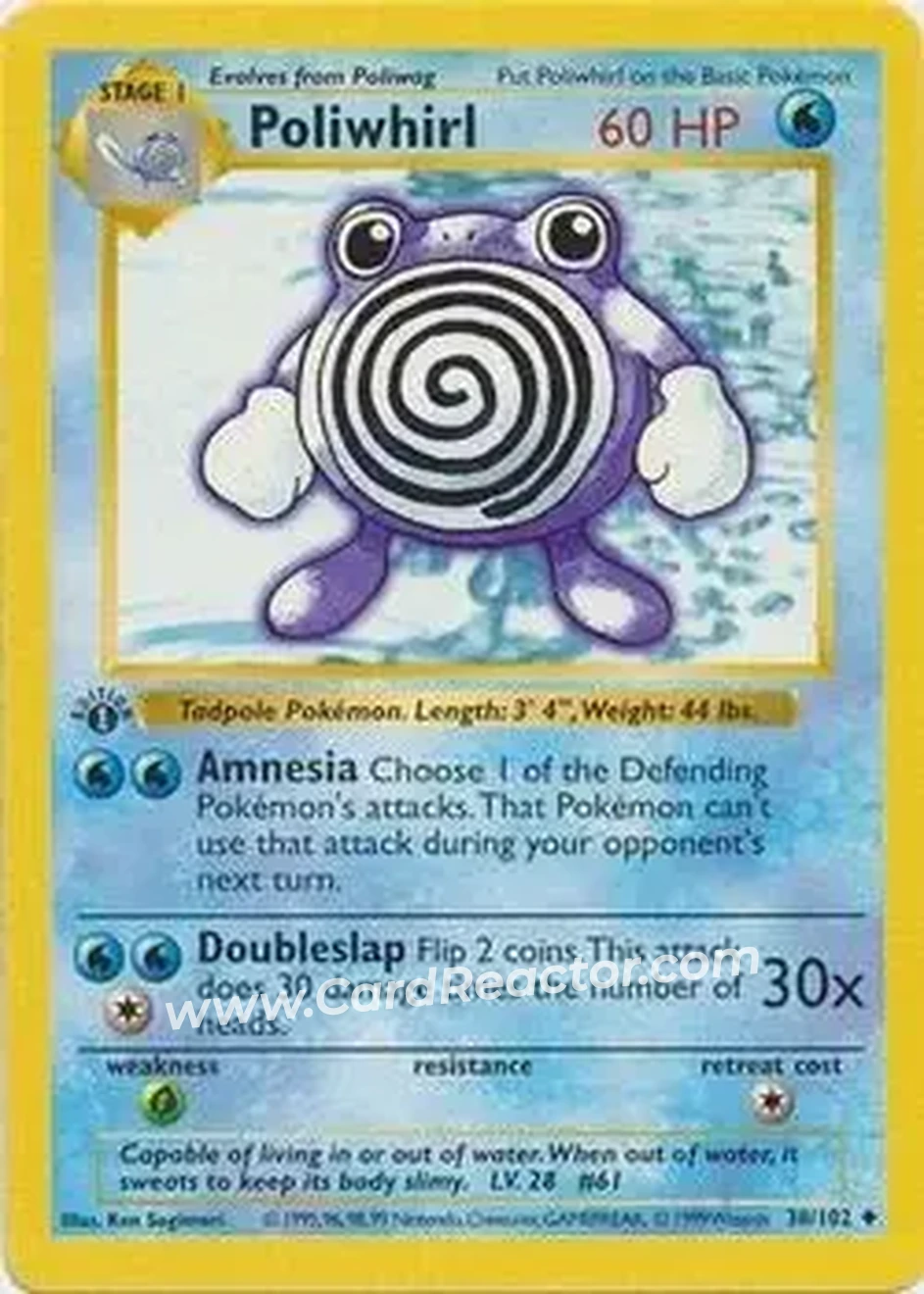 1999 Pokemon Base Set 1st Edition #38/102 - Poliwhirl 1999 Pokemon Base Set 1st Edition #38/102 - Poliwhirl
