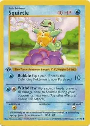 1999 Pokemon Base Set 1st Edition #63/102 - Squirtle