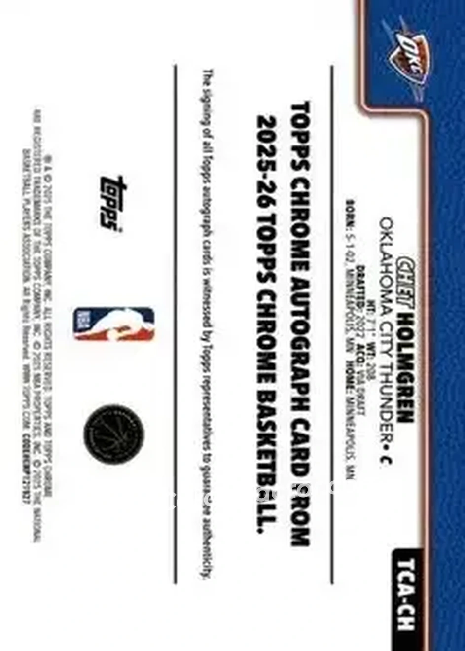 2025-26 Topps Chrome - Chrome Autographs Gold Refractor #TCA-CH - Chet Holmgren - Oklahoma City Thunder 2025-26 Topps Chrome - Chrome Autographs Gold Refractor #TCA-CH - Chet Holmgren - Oklahoma City Thunder