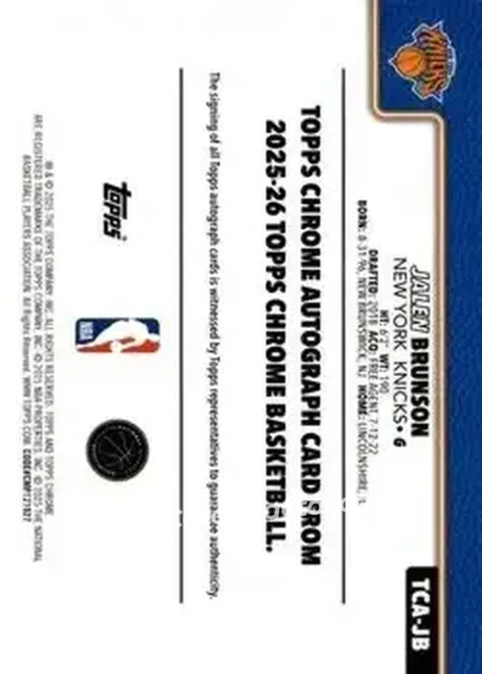 2025-26 Topps Chrome - Chrome Autographs Gold Refractor #TCA-JB - Jalen Brunson - New York Knicks 2025-26 Topps Chrome - Chrome Autographs Gold Refractor #TCA-JB - Jalen Brunson - New York Knicks