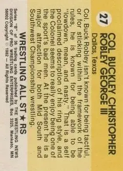 1982 Wrestling All Stars Series B #27 - Col. Buck Robley - Back