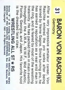 1982 Wrestling All Stars Series B #31 - Baron Von Raschke - Back 1982 Wrestling All Stars Series B #31 - Baron Von Raschke - Back